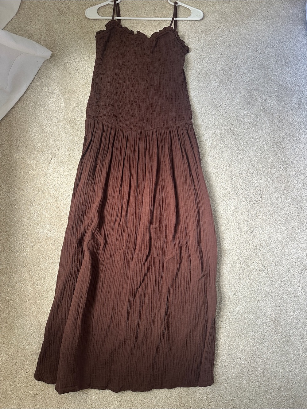 Brown Smocked Maxi Dress with Ruffle Trim